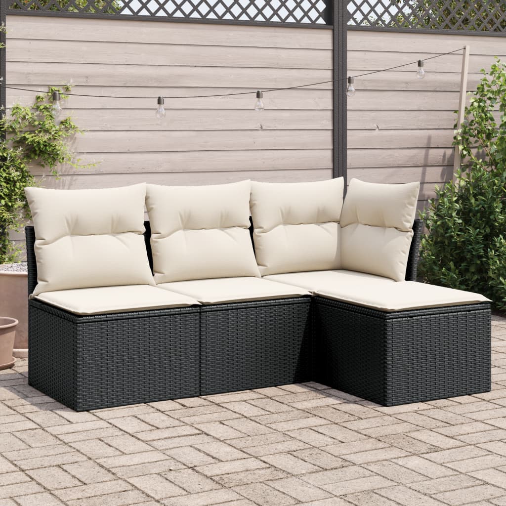 Set mobilier de gradina cu perne, 4 piese, negru, poliratan — imaginea 2
