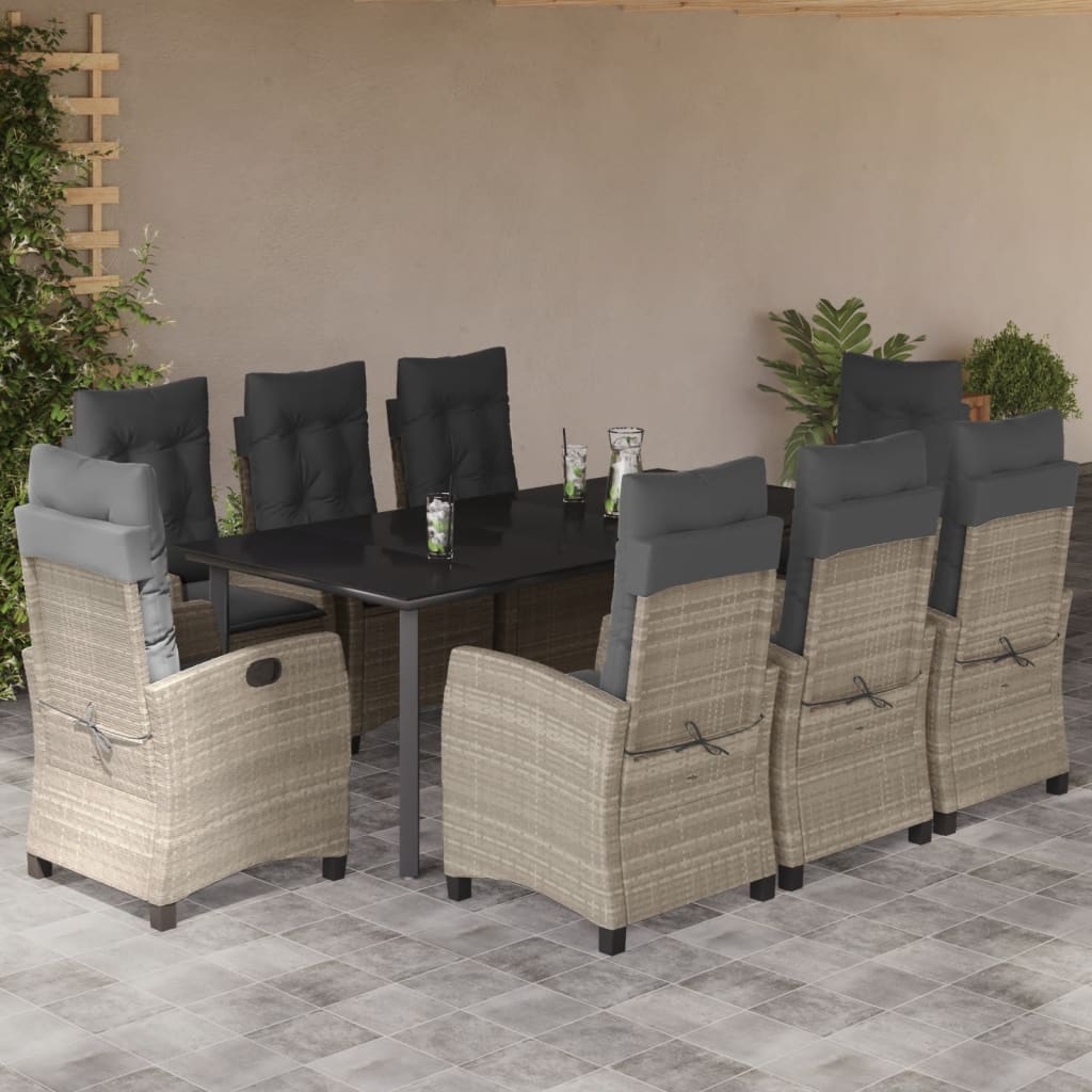 Set mobilier gradina cu perne, 9 piese, gri deschis, poliratan — imaginea 2