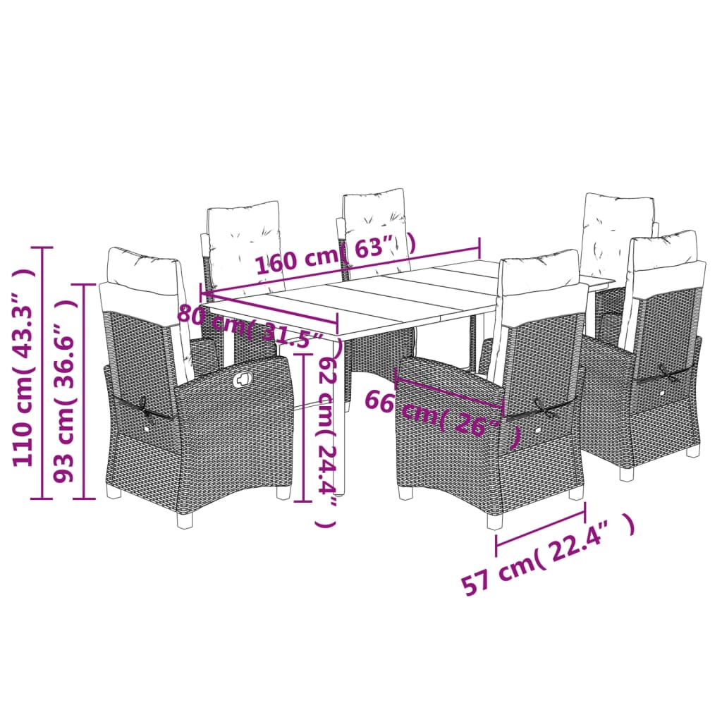 Set mobilier de gradina cu perne, 7 piese, gri, poliratan — imaginea 9