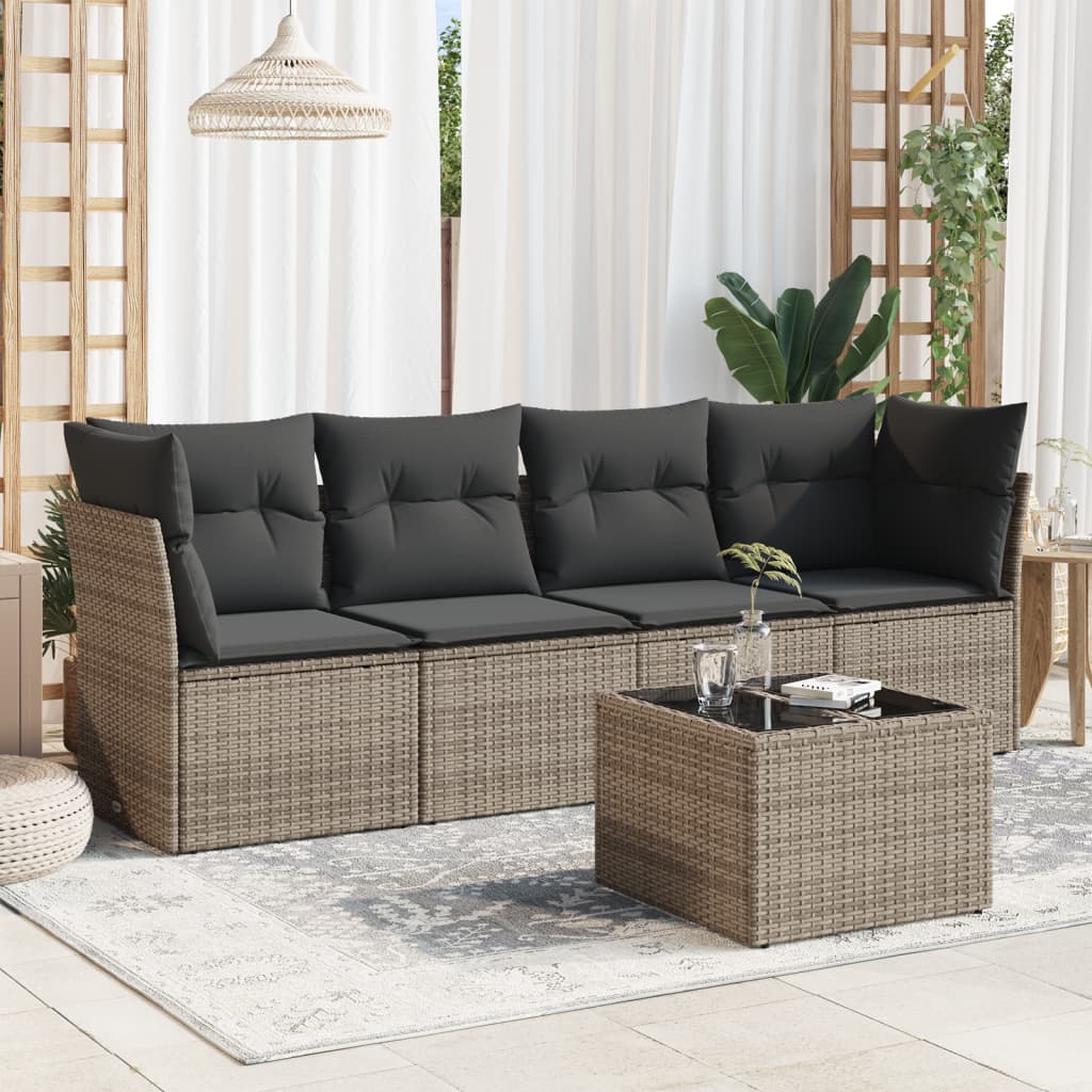 Set canapea de gradina cu perne, 5 piese, gri, poliratan — imaginea 2