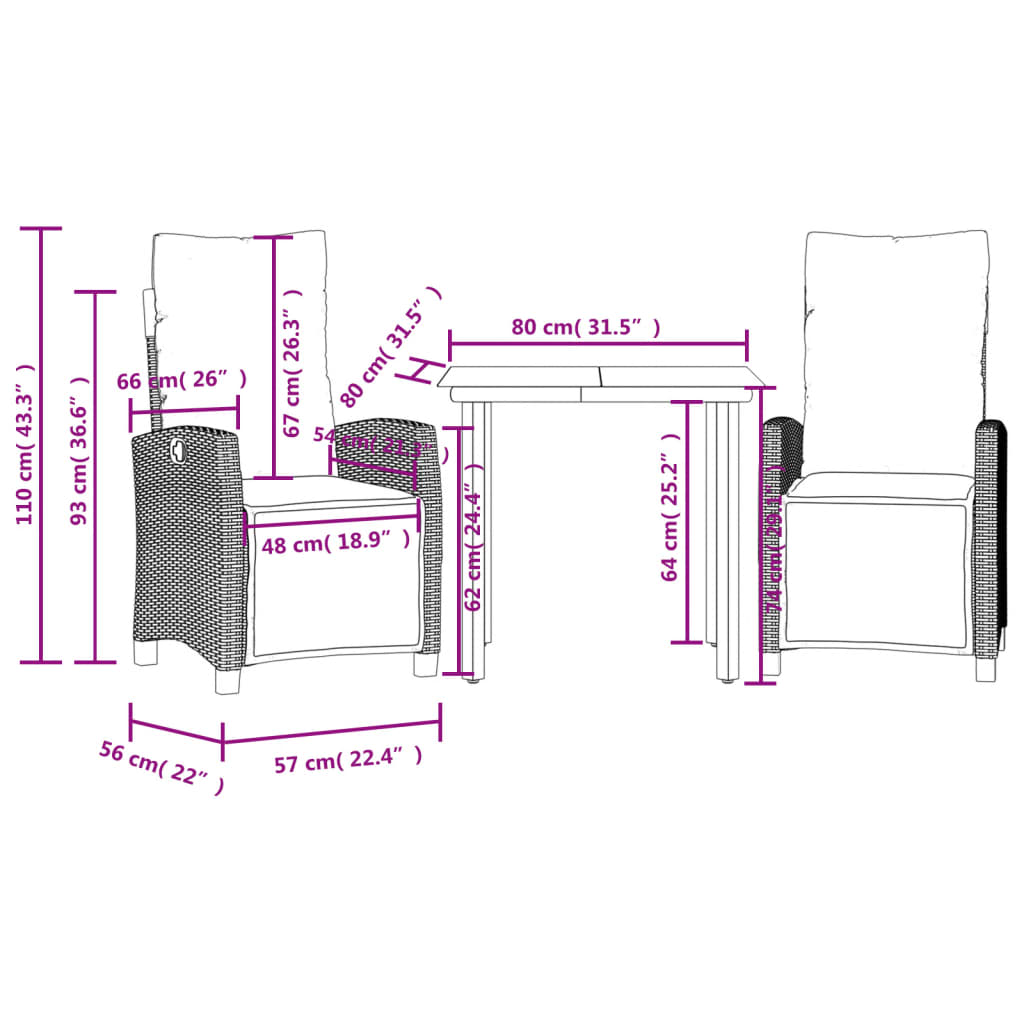 Set mobilier de gradina cu perne, 3 piese, negru, poliratan — imaginea 9