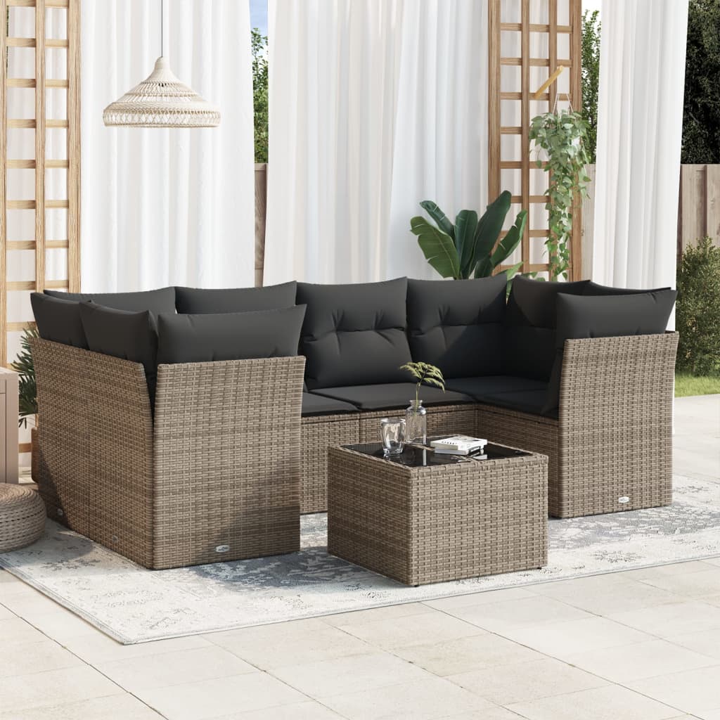 Set canapele de gradina, 7 piese, cu perne, gri, poliratan — imaginea 2