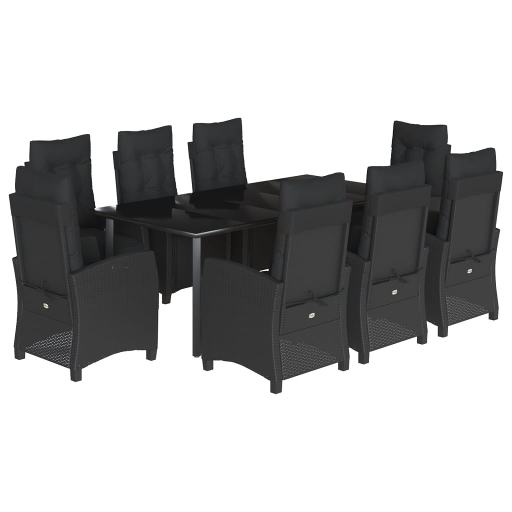 Set mobilier de gradina cu perne, 9 piese, negru, poliratan