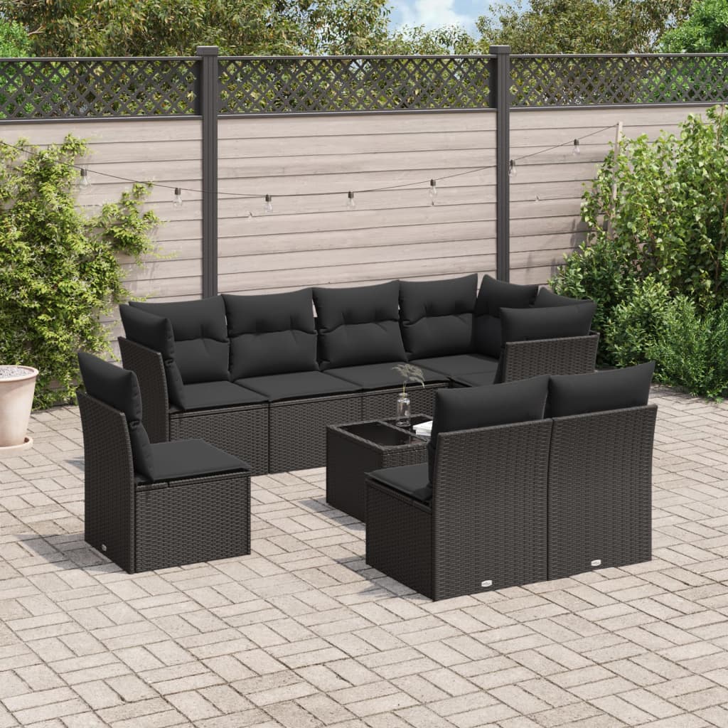 Set mobilier de gradina cu perne, 9 piese, negru, poliratan — imaginea 2