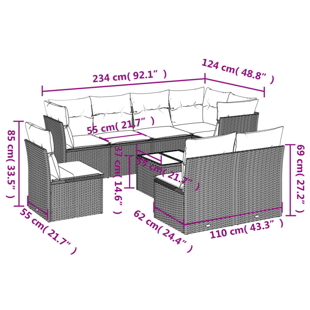 Set mobilier de gradina cu perne, 9 piese, negru, poliratan — imaginea 3