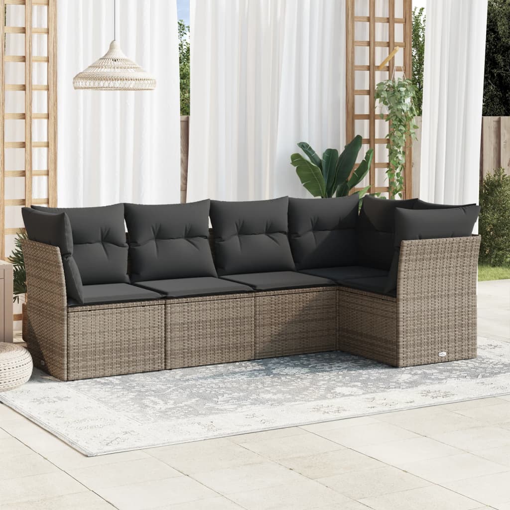 Set canapea de gradina cu perne, 5 piese, gri, poliratan — imaginea 2