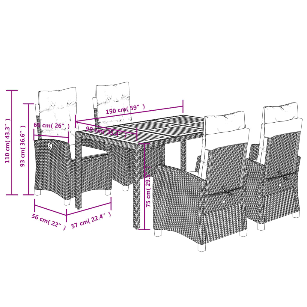Set mobilier de gradina cu perne, 5 piese, negru, poliratan — imaginea 9