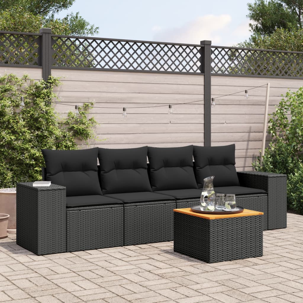 Set mobilier de gradina cu perne, 5 piese, negru, poliratan — imaginea 2
