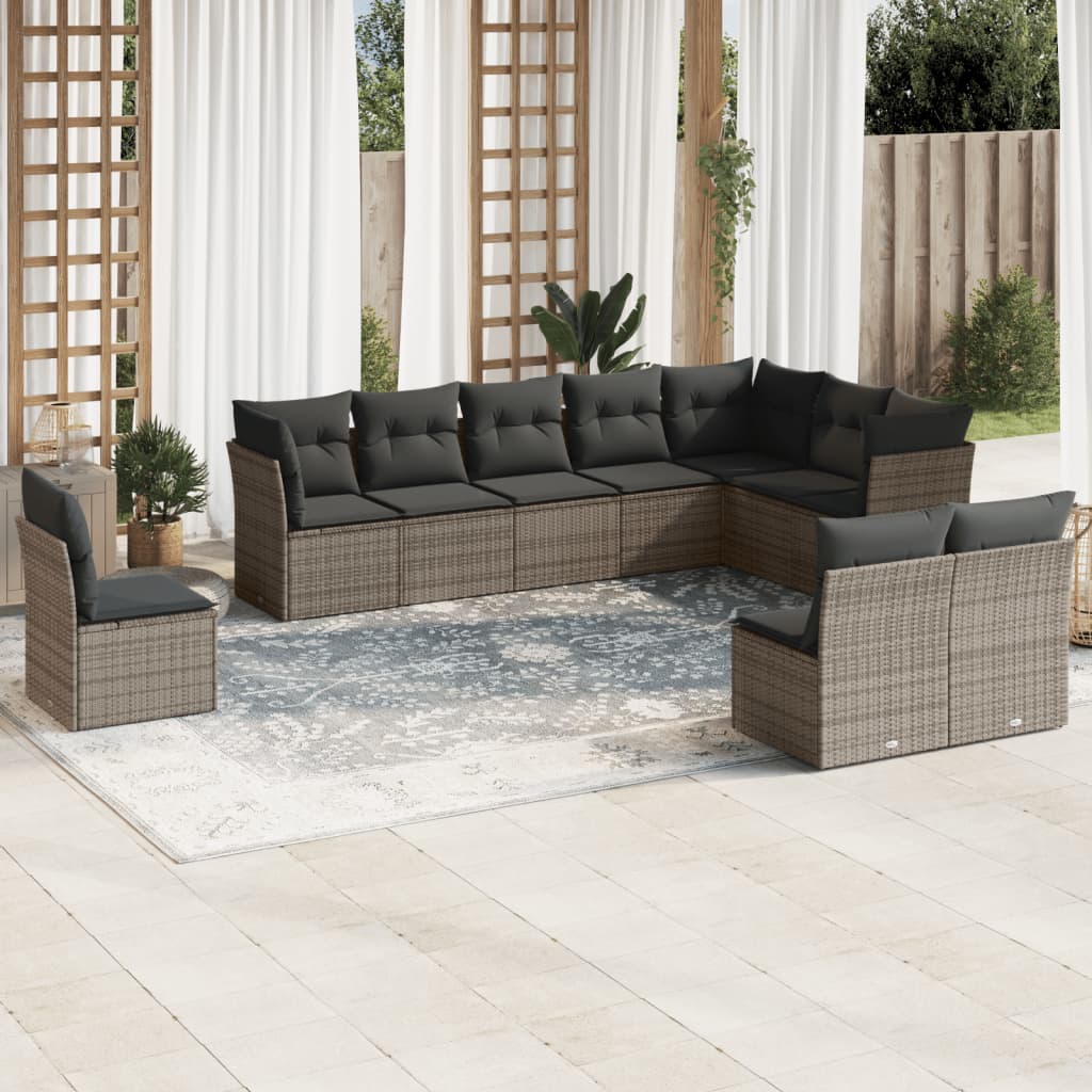 Set mobilier de gradina cu perne, 10 piese, gri, poliratan — imaginea 2