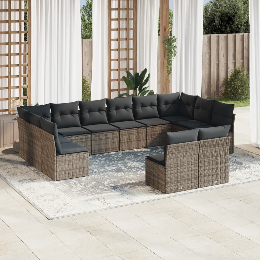 Set canapea de gradina cu perne, 12 piese, gri, poliratan — imaginea 2
