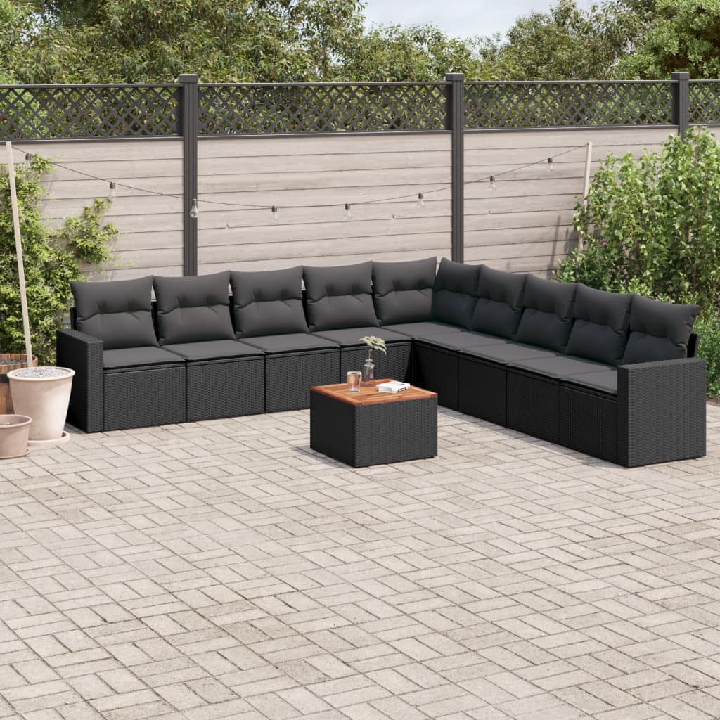 Set canapele de gradina cu perne, 10 piese, negru, poliratan — imaginea 2