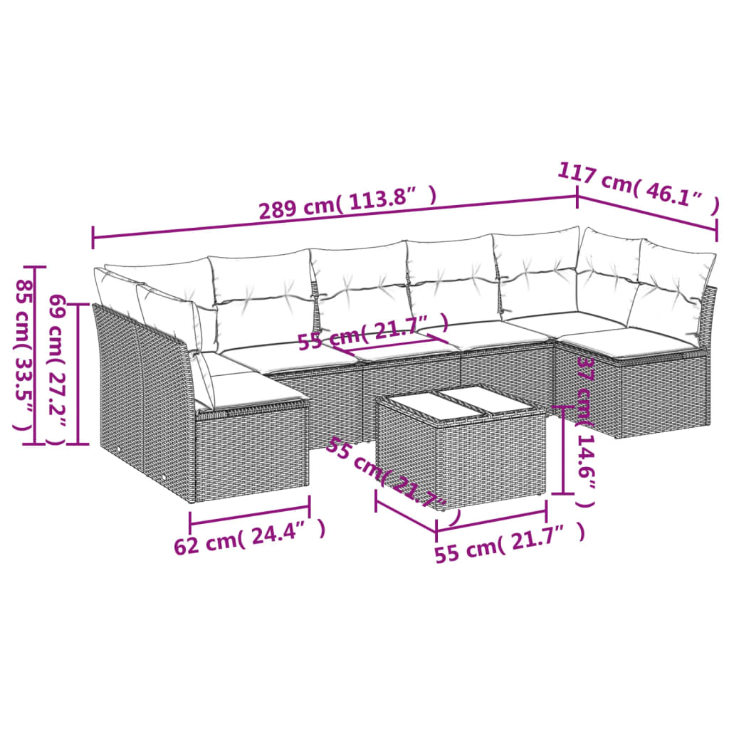 Set mobilier de gradina cu perne, 8 piese, negru, poliratan — imaginea 3