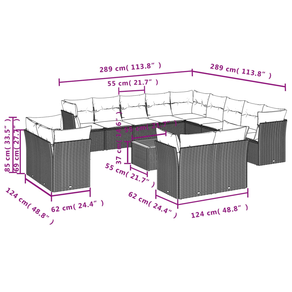 Set mobilier de gradina cu perne, 14 piese, negru, poliratan — imaginea 3