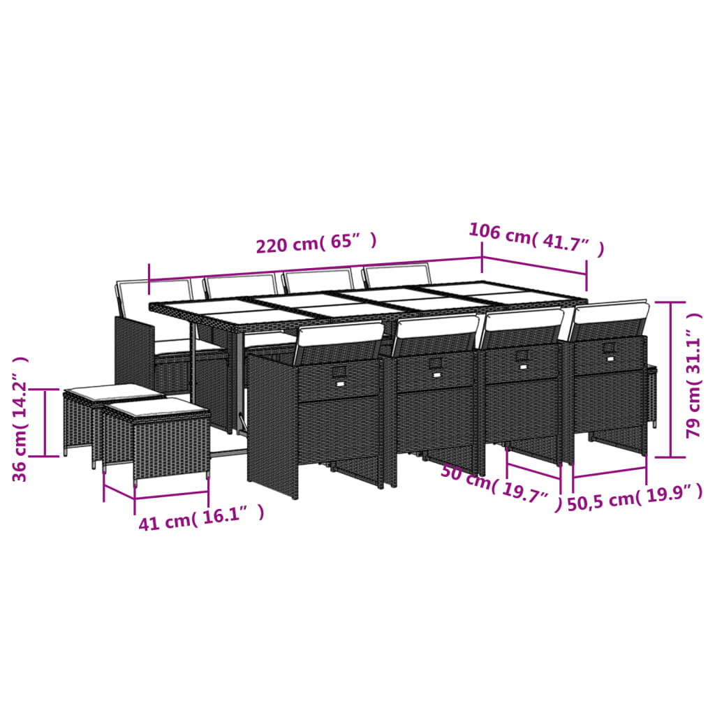 Set mobilier gradina cu perne, 13 piese, bej combinat poliratan — imaginea 6