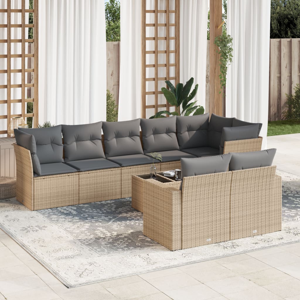 Set canapele de gradina, 9 piese, cu perne, bej, poliratan — imaginea 2