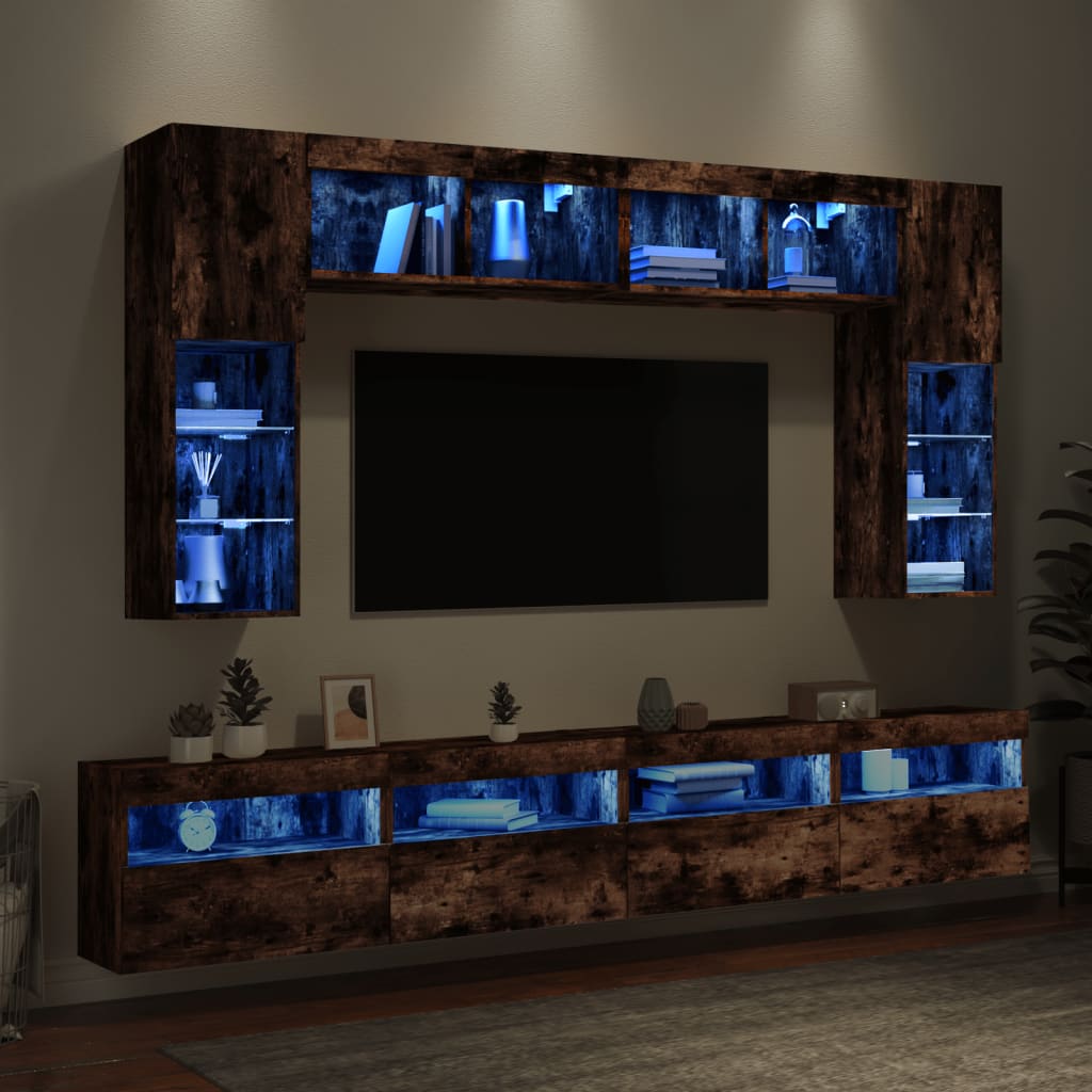 Comode TV de perete cu lumini LED, 8 piese, stejar fumuriu — imaginea 4