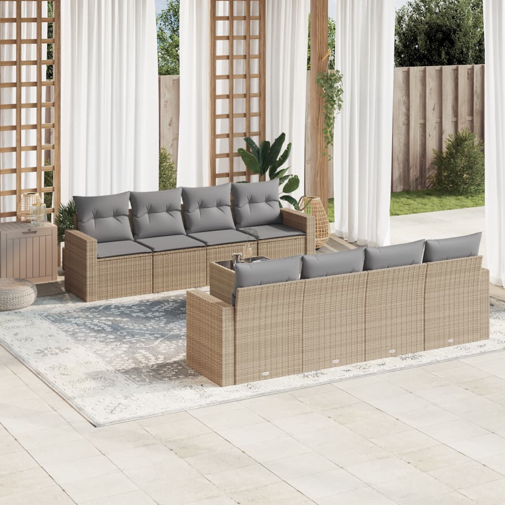 Set canapele de gradina, 9 piese, cu perne, bej, poliratan — imaginea 2