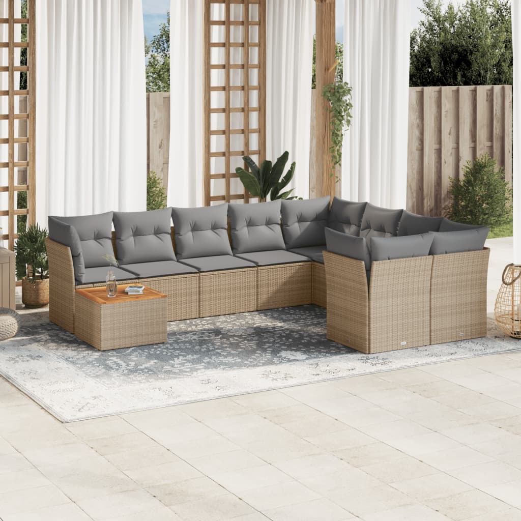 Set canapele de gradina cu perne, 10 piese, bej, poliratan — imaginea 2