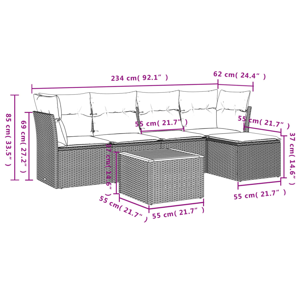 Set mobilier de gradina cu perne, 6 piese, negru, poliratan — imaginea 3