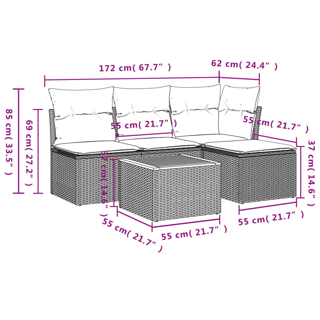 Set canapele de gradina cu perne, 5 piese, bej, poliratan — imaginea 3