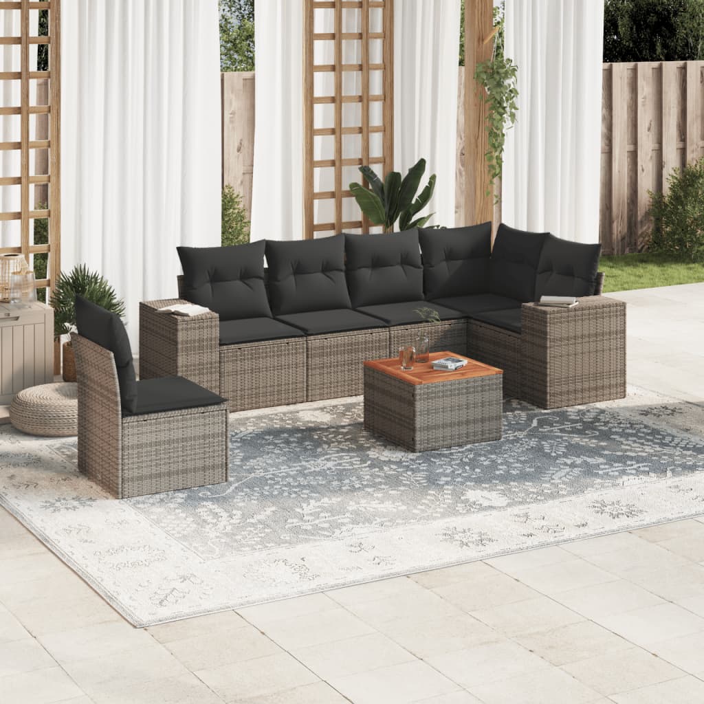 Set canapele de gradina, 7 piese, cu perne, gri, poliratan — imaginea 2