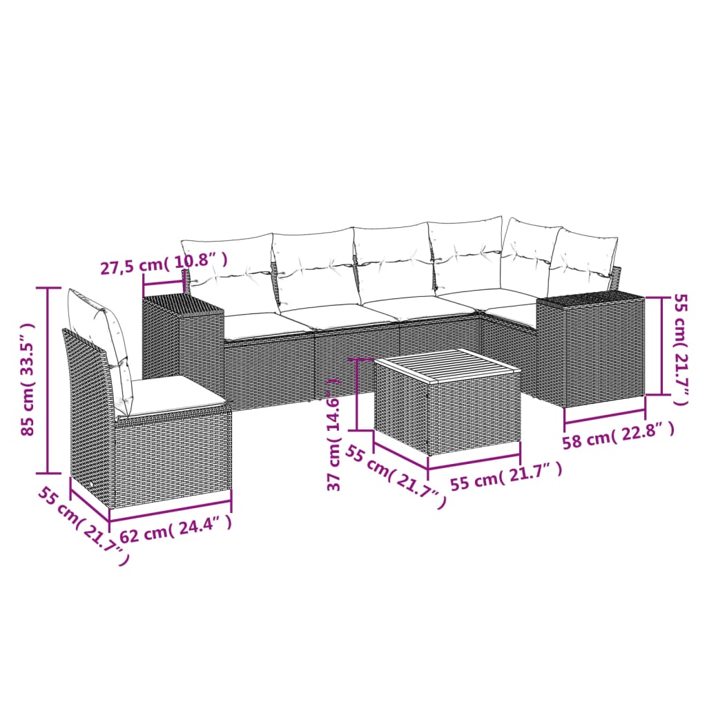 Set canapele de gradina, 7 piese, cu perne, gri, poliratan — imaginea 3