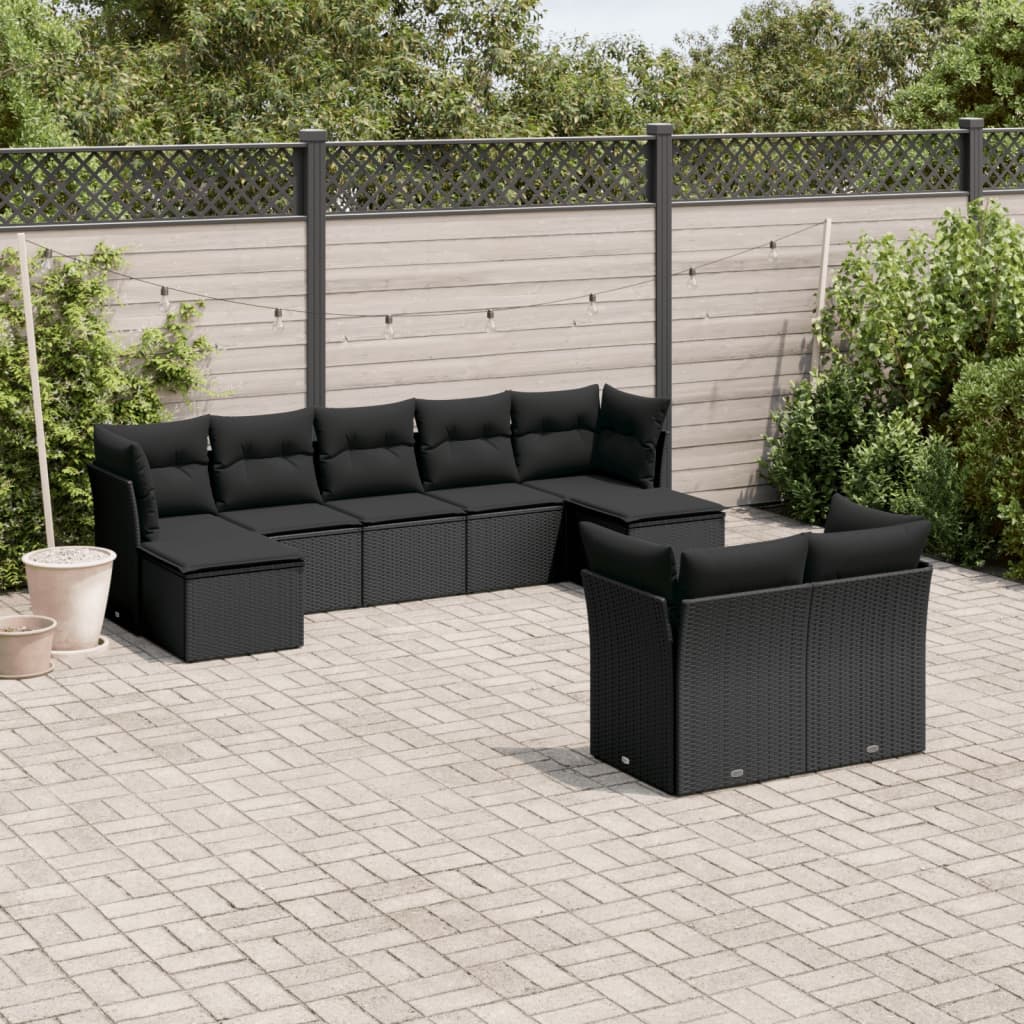 Set mobilier de gradina cu perne, 9 piese, negru, poliratan — imaginea 2