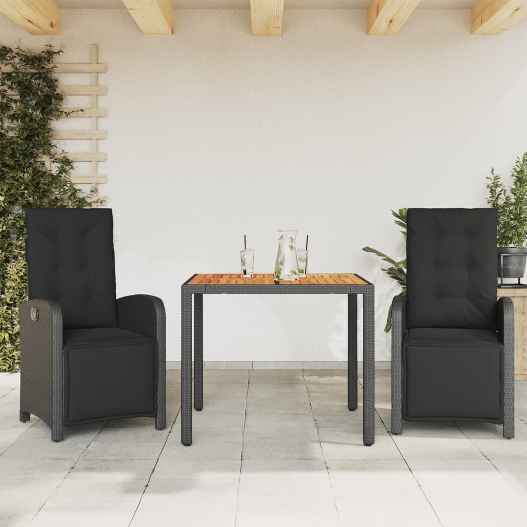 Set bistro cu perne, 3 piese, negru, poliratan — imaginea 2