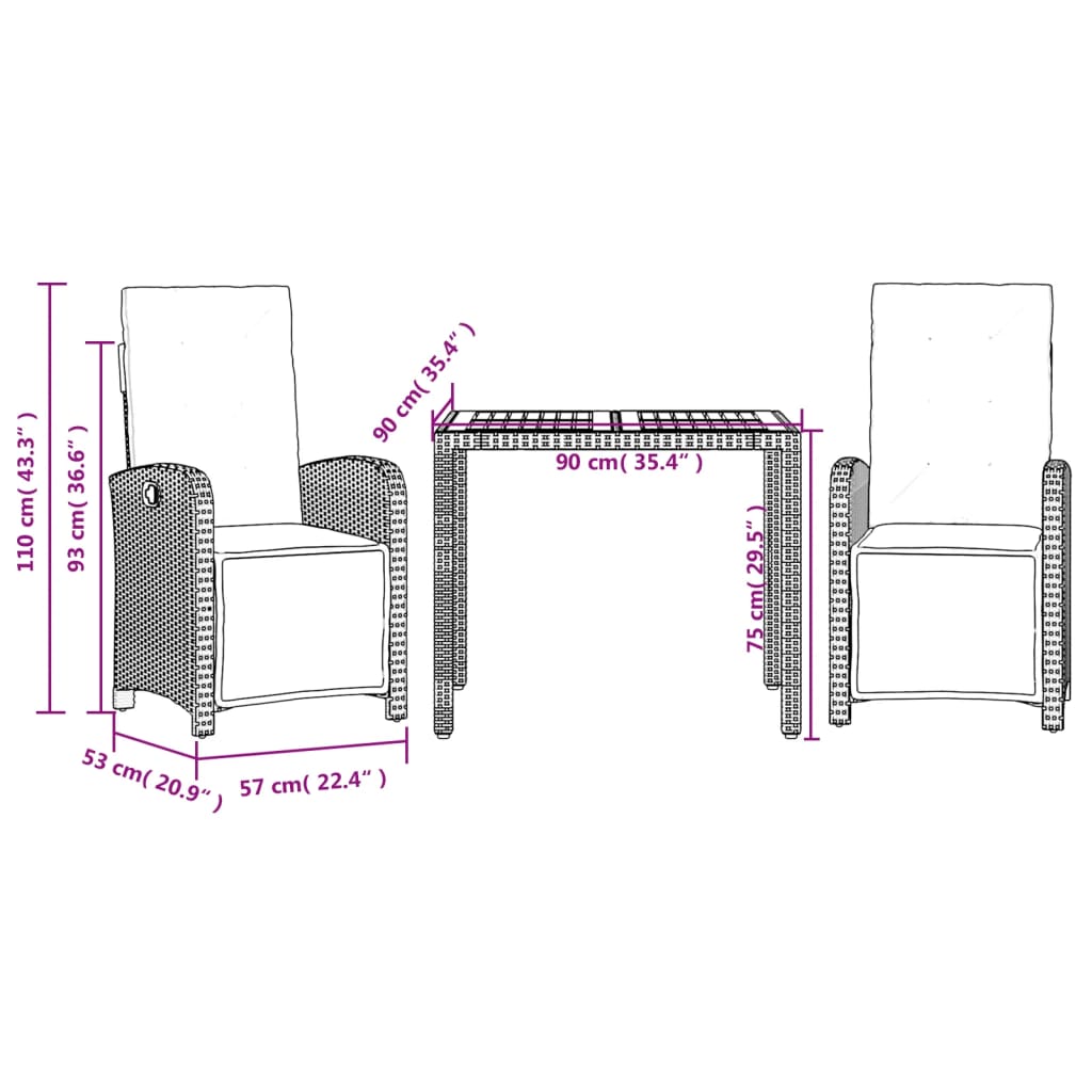 Set bistro cu perne, 3 piese, negru, poliratan — imaginea 9