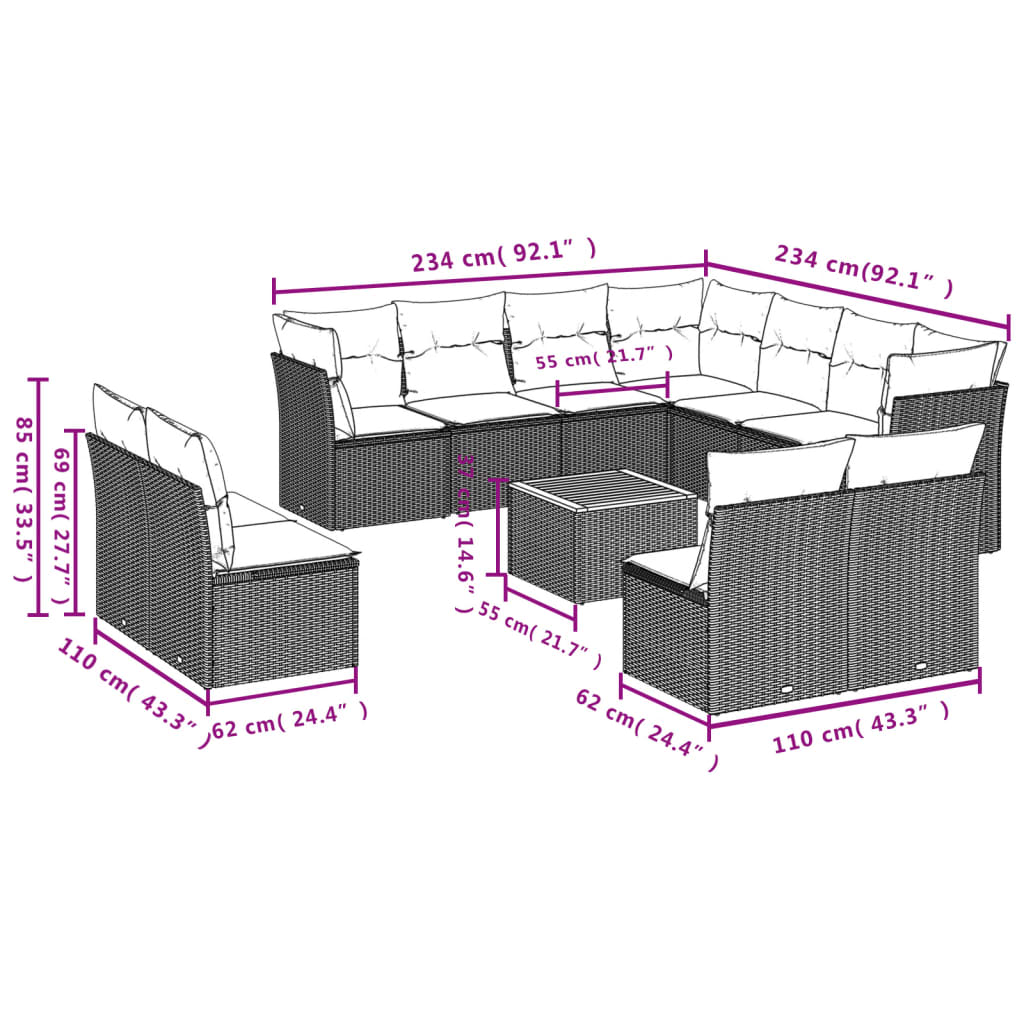 Set canapele de gradina, 12 piese, cu perne, negru, poliratan — imaginea 3