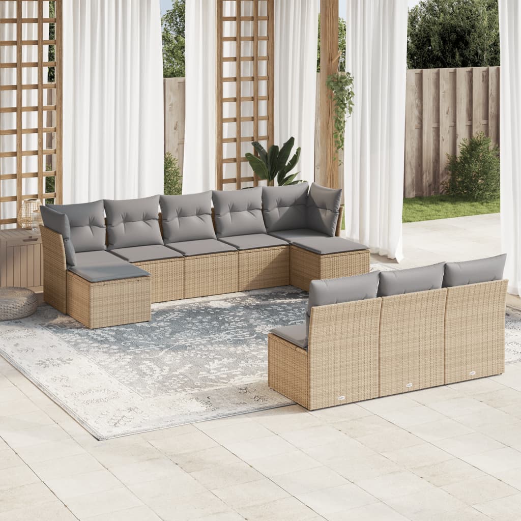 Set canapele de gradina cu perne, 10 piese, bej, poliratan — imaginea 2