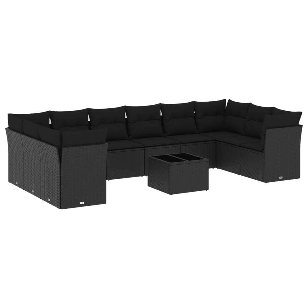 Set canapele de gradina cu perne, 11 piese, negru, poliratan