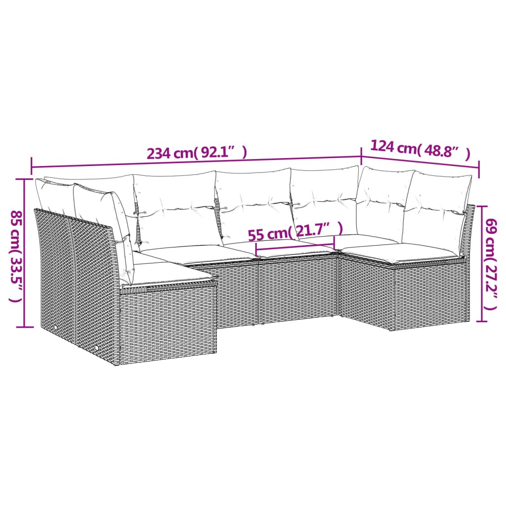 Set mobilier de gradina cu perne, 6 piese, negru, poliratan — imaginea 3
