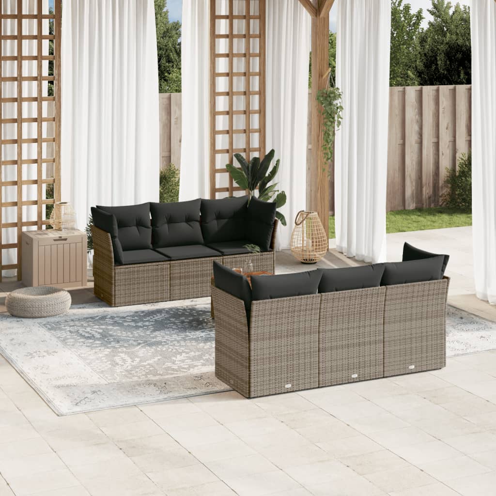 Set canapele de gradina, 7 piese, cu perne, gri, poliratan — imaginea 2