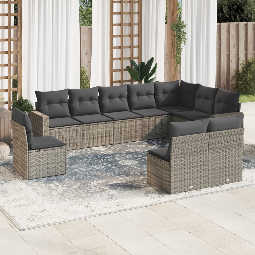 Set mobilier de gradina cu perne, 10 piese, gri, poliratan — imaginea 2