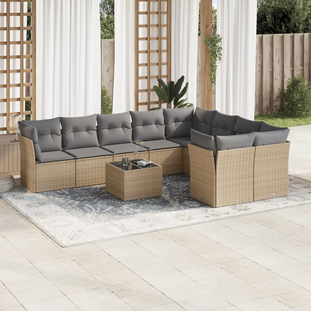 Set canapele de gradina cu perne, 10 piese, bej, poliratan — imaginea 2