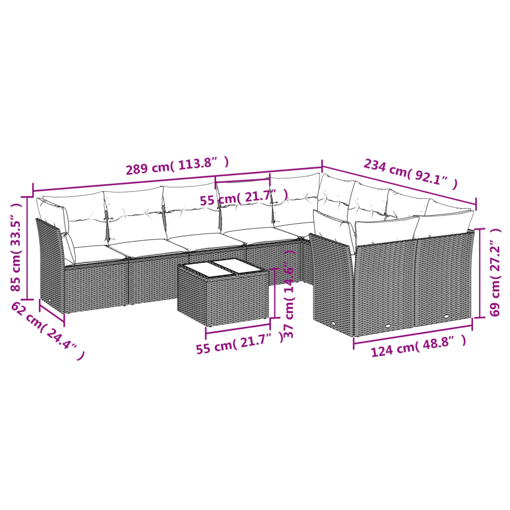 Set canapele de gradina cu perne, 10 piese, bej, poliratan — imaginea 3