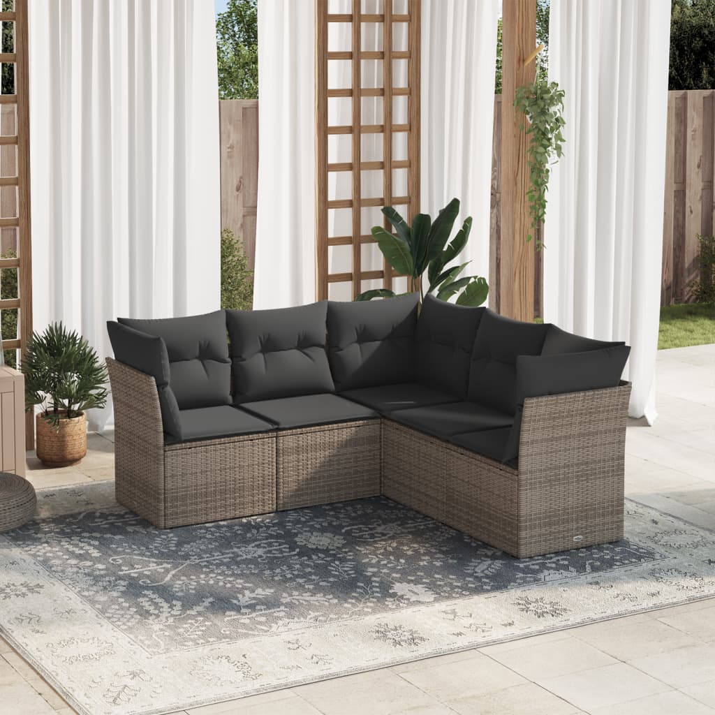Set canapea de gradina cu perne, 5 piese, gri, poliratan — imaginea 2