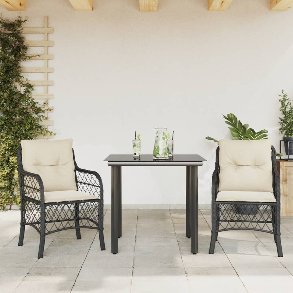Set bistro cu perne, 3 piese, negru, poliratan — imaginea 2