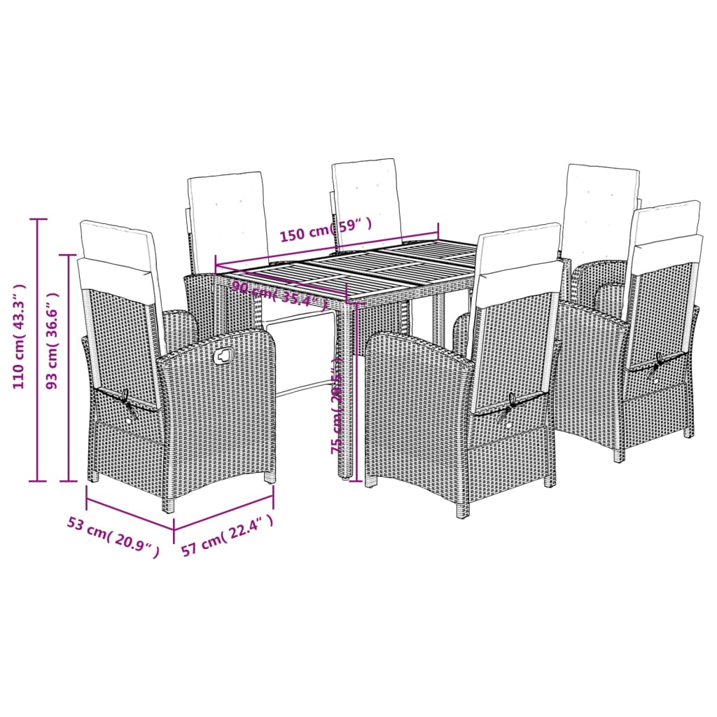 Set mobilier de gradina cu perne, 7 piese, negru, poliratan — imaginea 9