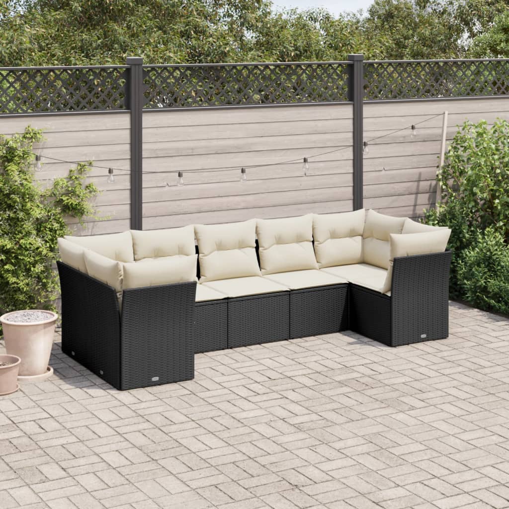 Set canapele de gradina cu perne, 7 piese, negru, poliratan — imaginea 2