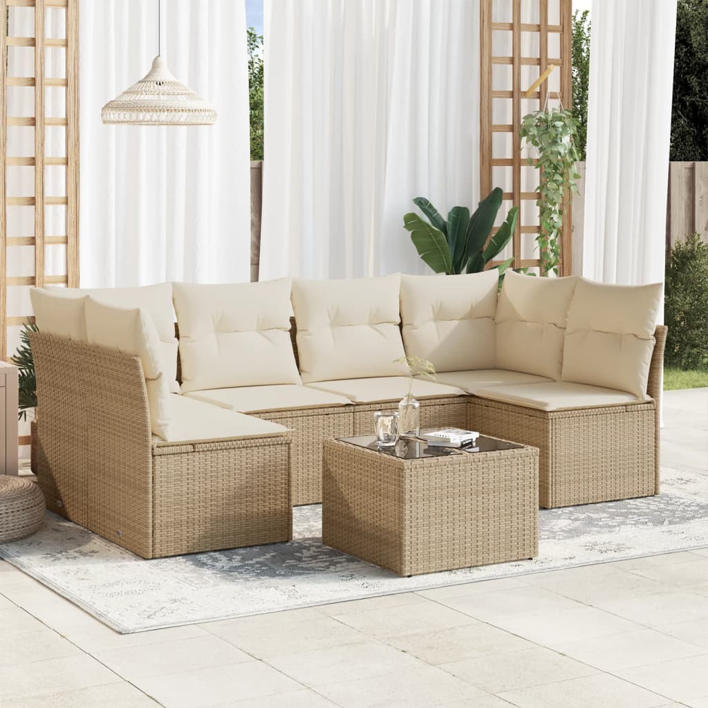 Set canapele de gradina, 7 piese, cu perne, bej, poliratan — imaginea 2