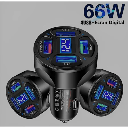 Incarcator Auto pana la 66W, 2 USB 3.0,2x USB 2.4A, Fast Charge, Multiple Protectii si cu LED albastru