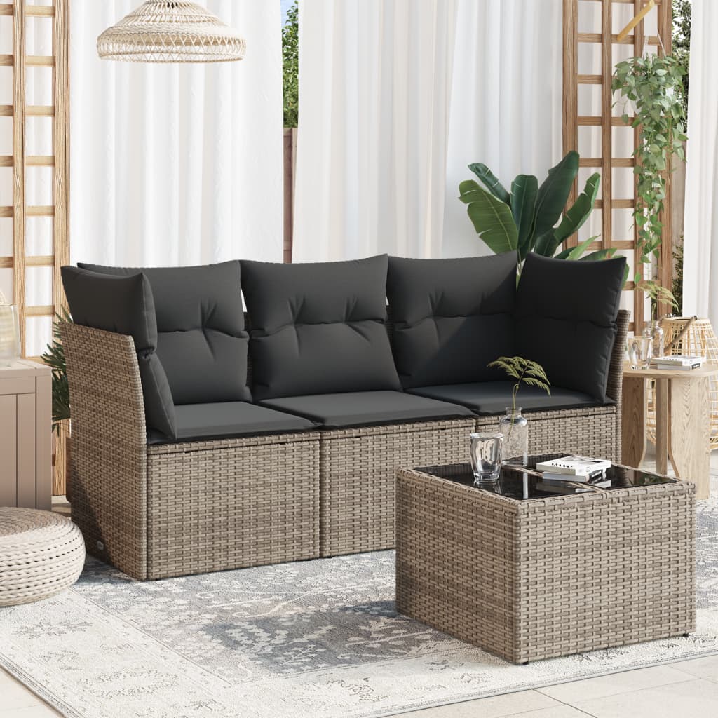 Set canapea de gradina cu perne, 4 piese, gri, poliratan — imaginea 2
