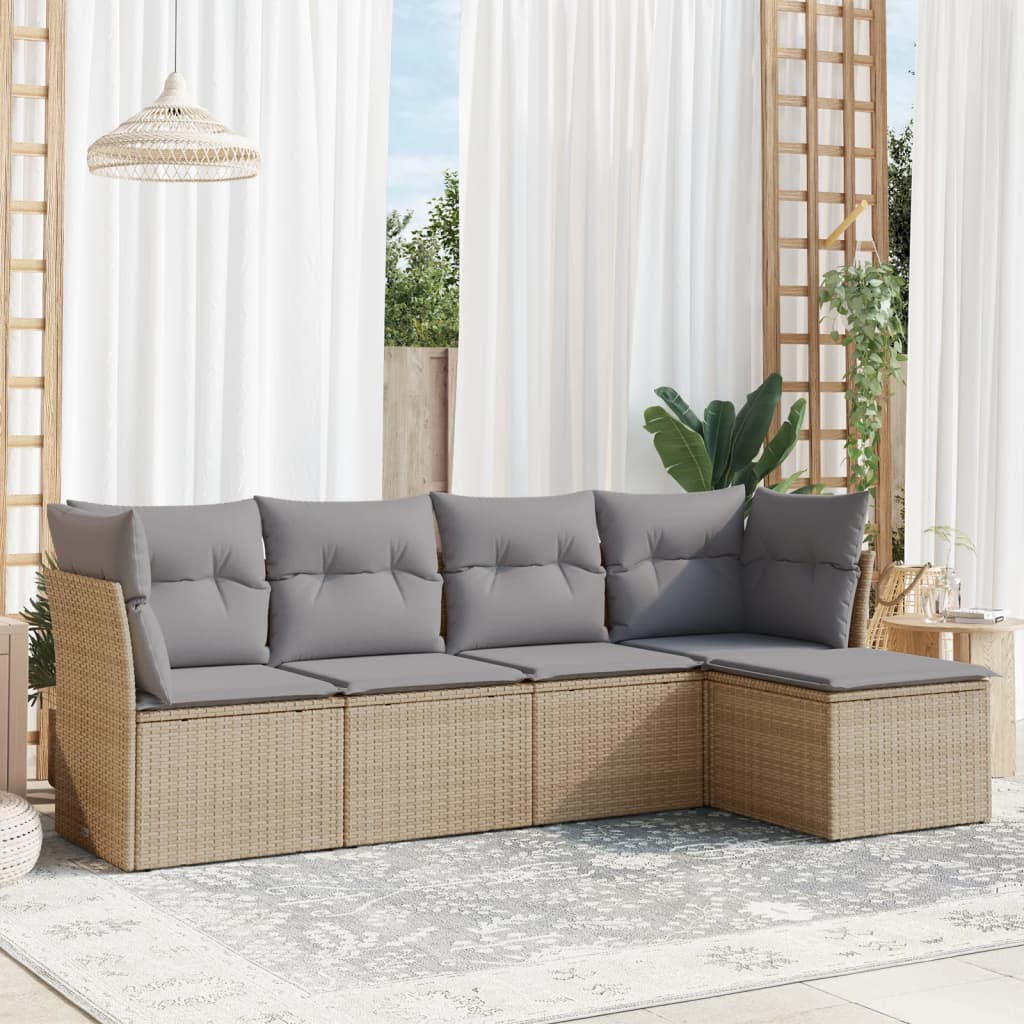 Set canapele de gradina cu perne, 5 piese, bej, poliratan — imaginea 2