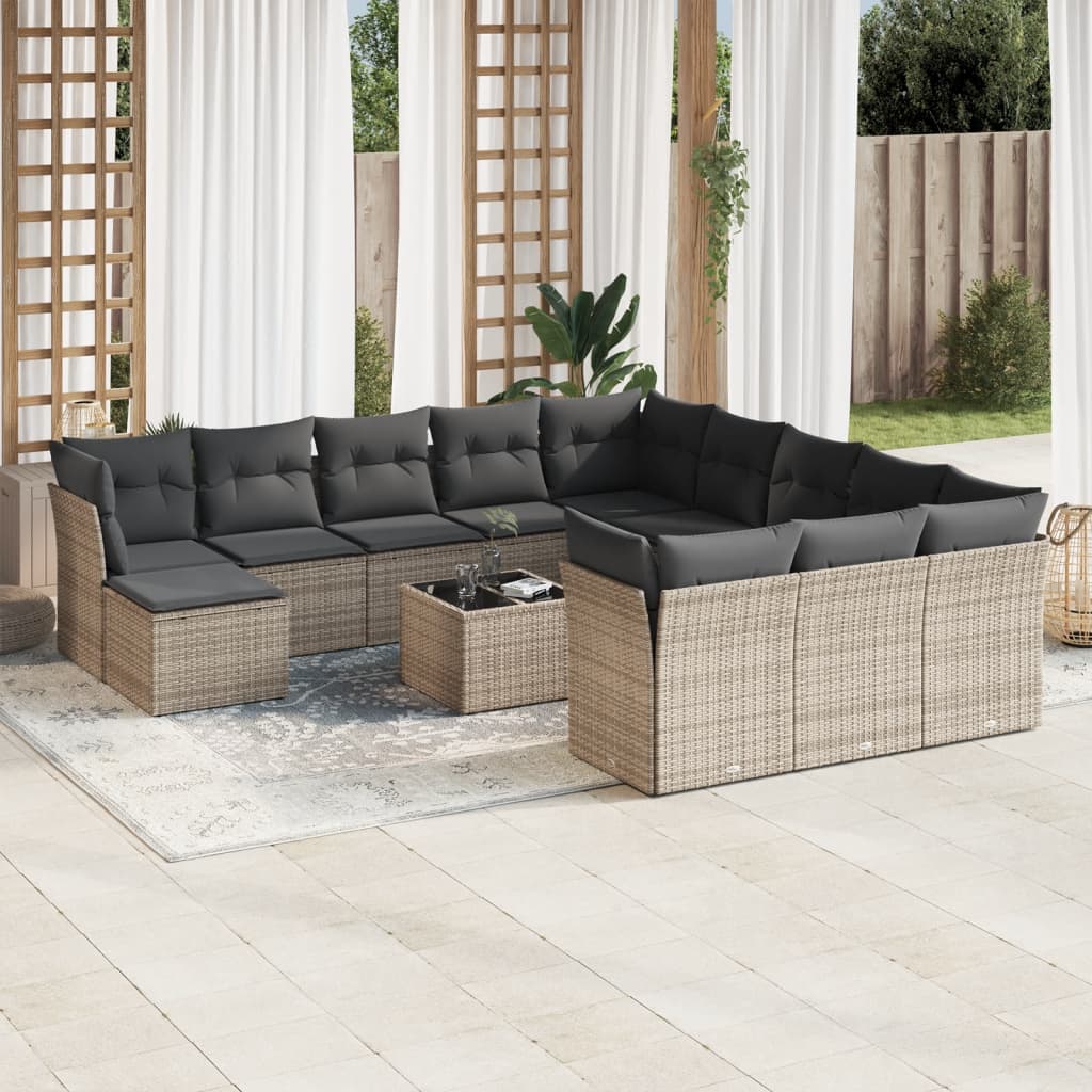 Set mobilier de gradina cu perne, 13 piese, gri, poliratan — imaginea 2