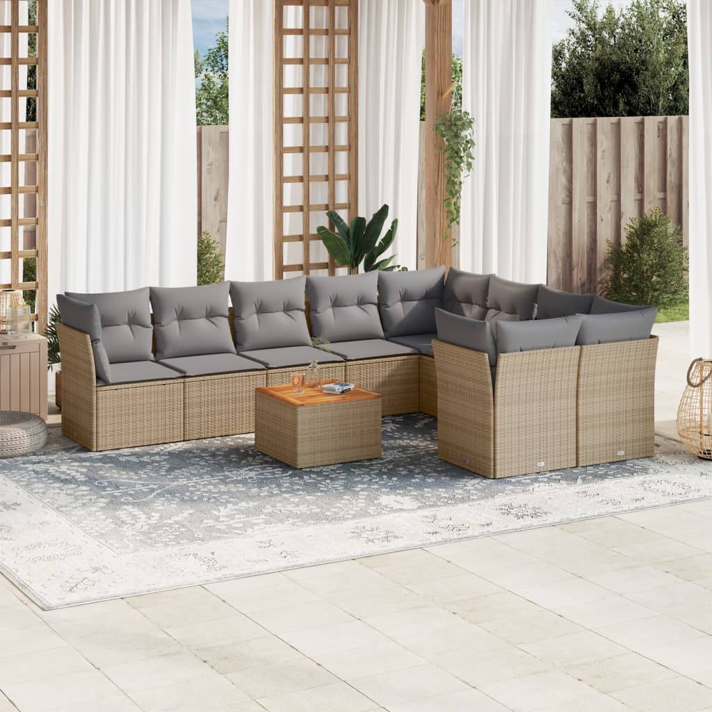 Set canapele de gradina cu perne, 10 piese, bej, poliratan — imaginea 2
