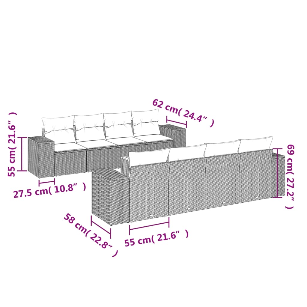 Set mobilier de gradina cu perne, 9 piese, negru, poliratan — imaginea 3