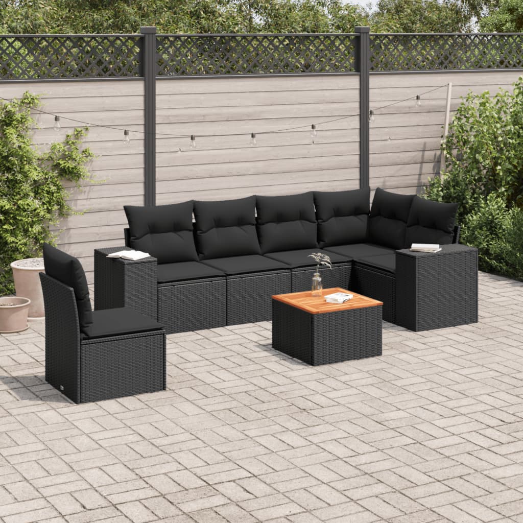 Set canapele de gradina cu perne, 7 piese, negru, poliratan — imaginea 2