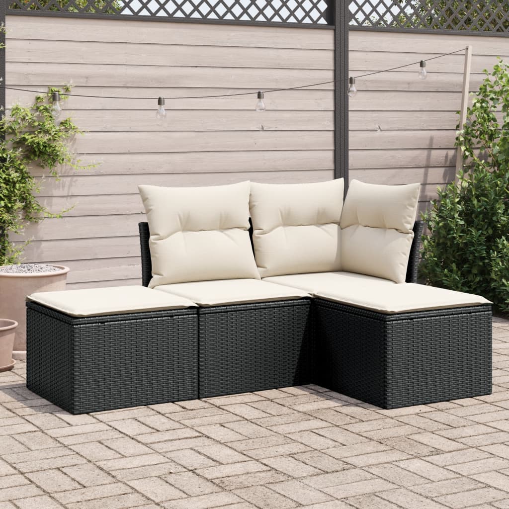 Set mobilier de gradina cu perne, 4 piese, negru, poliratan — imaginea 2